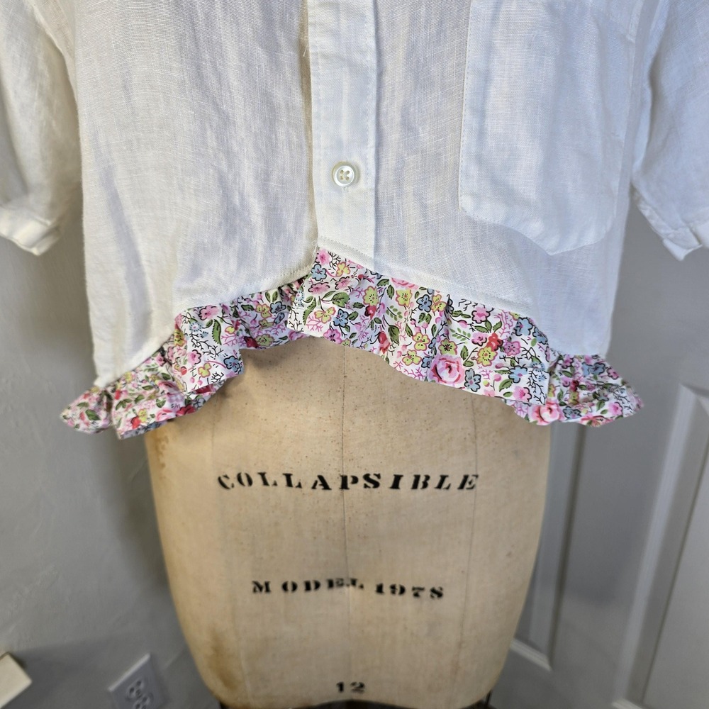 Upcycled off white womens cottagecore Linen floral ruffle. ‎ oversized S-M - Picture 3 of 7